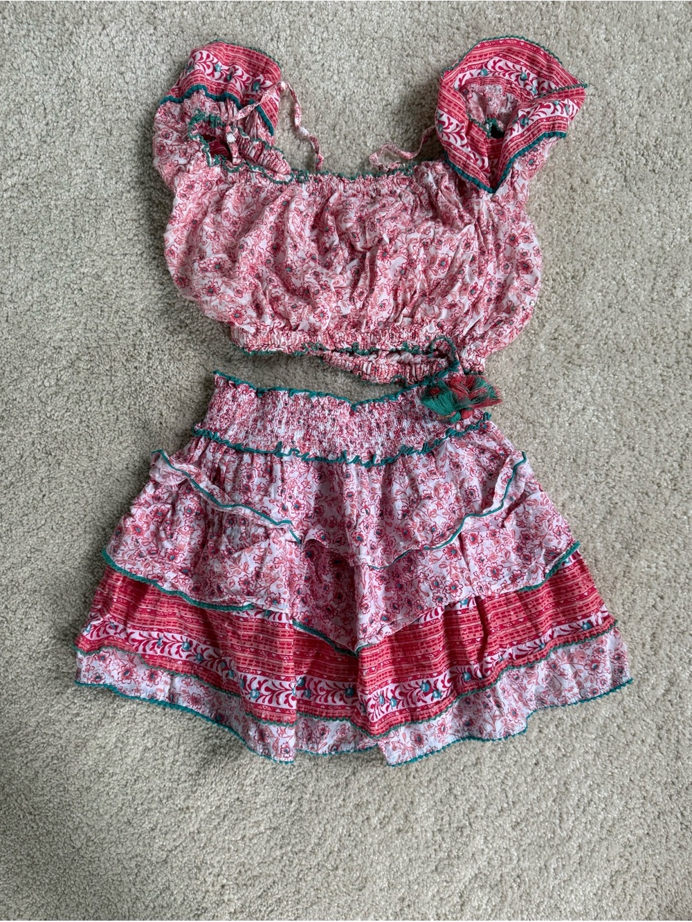 Poupette St. Barth Pink Floral Ruffled Two-Piece Skirt Set